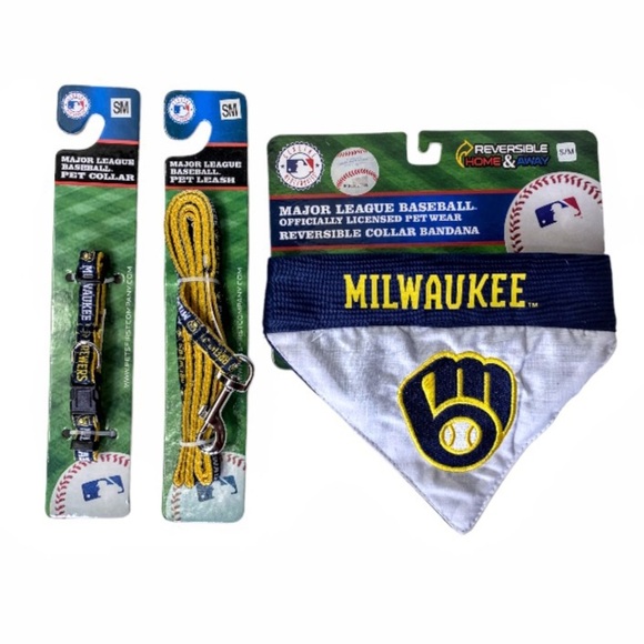 NWT Milwaukee Brewers Dog Collar, Leash & Reversible Bandanna Size Small - Picture 9 of 11